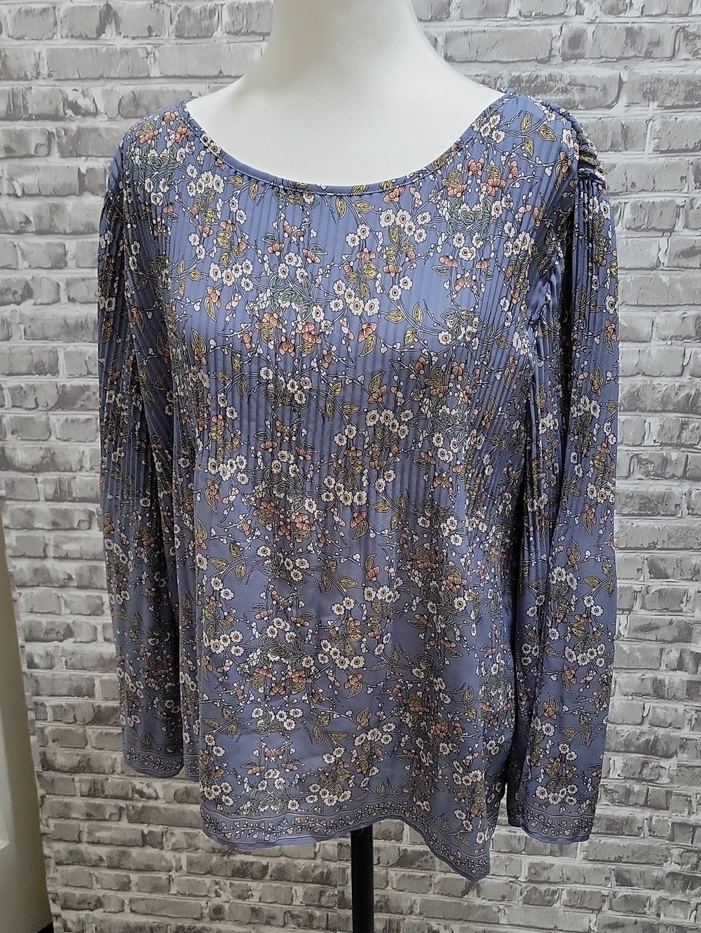 Max Studio Blue Floral Mini Pleated Peasant Blouse, Size XL Boho Bell Sleeves